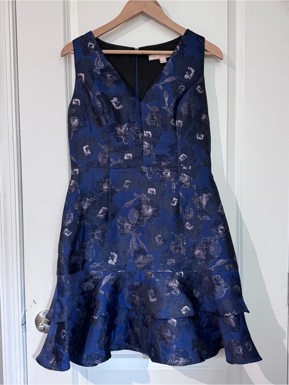 Anthropologie Hutch Blue Black Floral Jacquard Fit & Flare Dress Ruffle Sz 6 EUC
